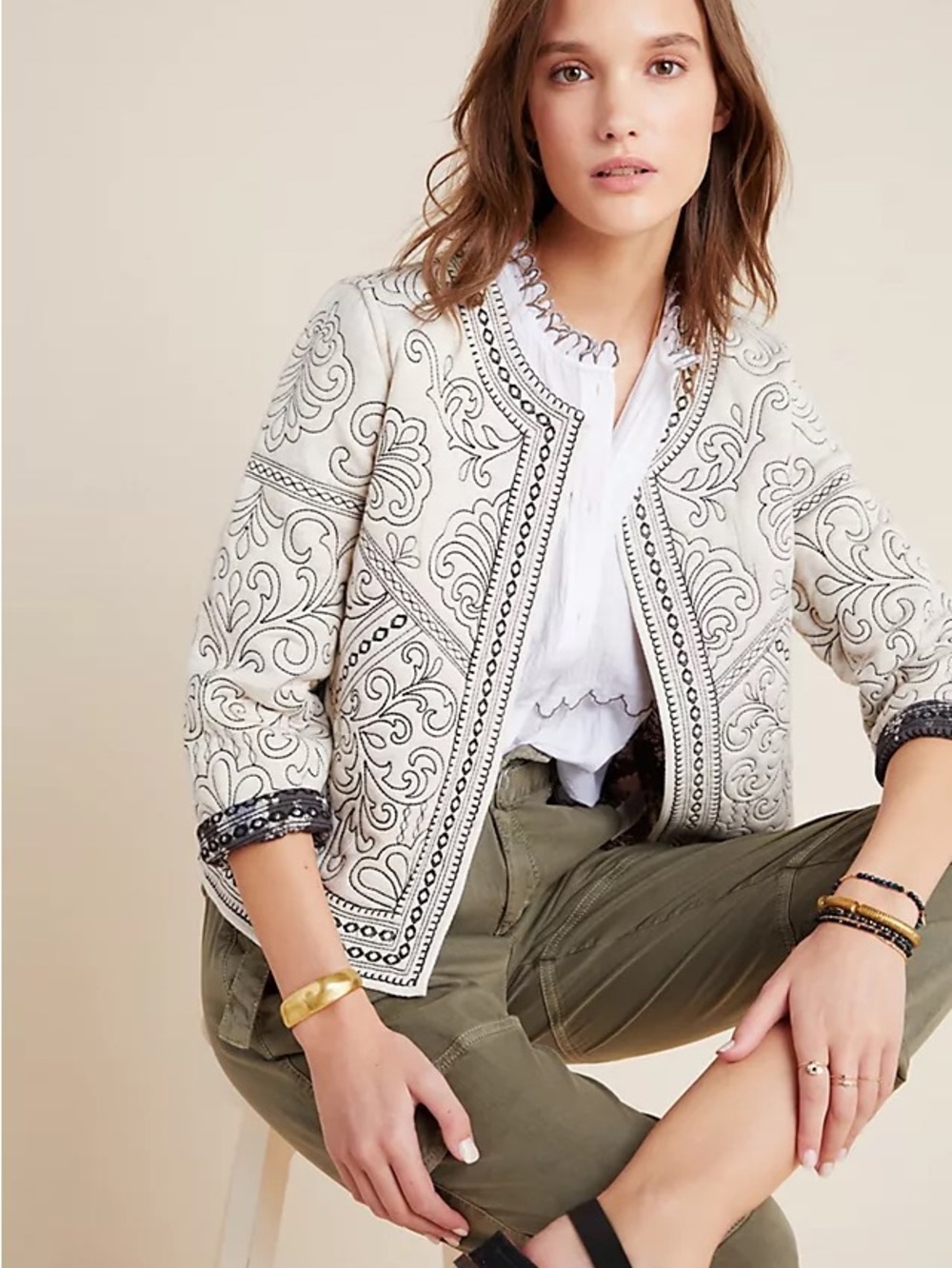 Daniel Rainn Anthropologie Padma Quilted Open-Front Jacket - Cream and Black